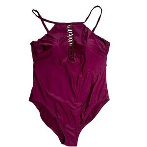 Raisins Curve Cranberry One piece Lace Up Halter Swimsuit sz 18W